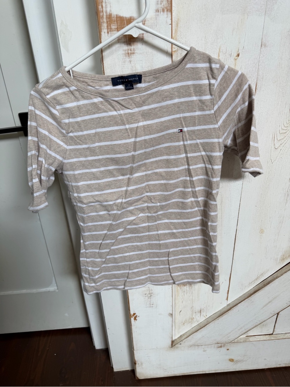 Tommy Hilfiger Beige and White Striped Short Sleeve Tee